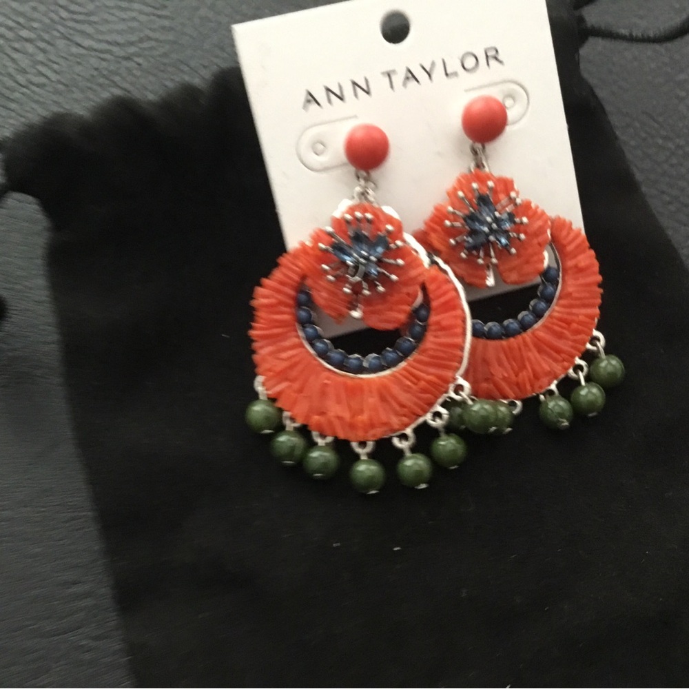Ann Taylor Orange Hoop Earrings with Navy Accents and Green Drops